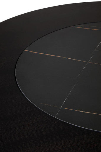 Black Round Veneer Dining Table with Integrated Ceramic Lazy Susan and Brushed Steel Legs, Imperia