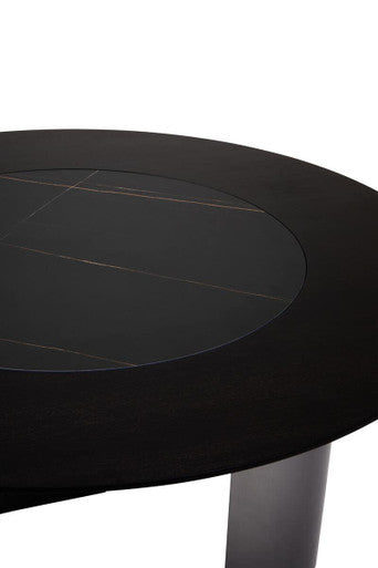 Black Round Veneer Dining Table with Integrated Ceramic Lazy Susan and Brushed Steel Legs, Imperia