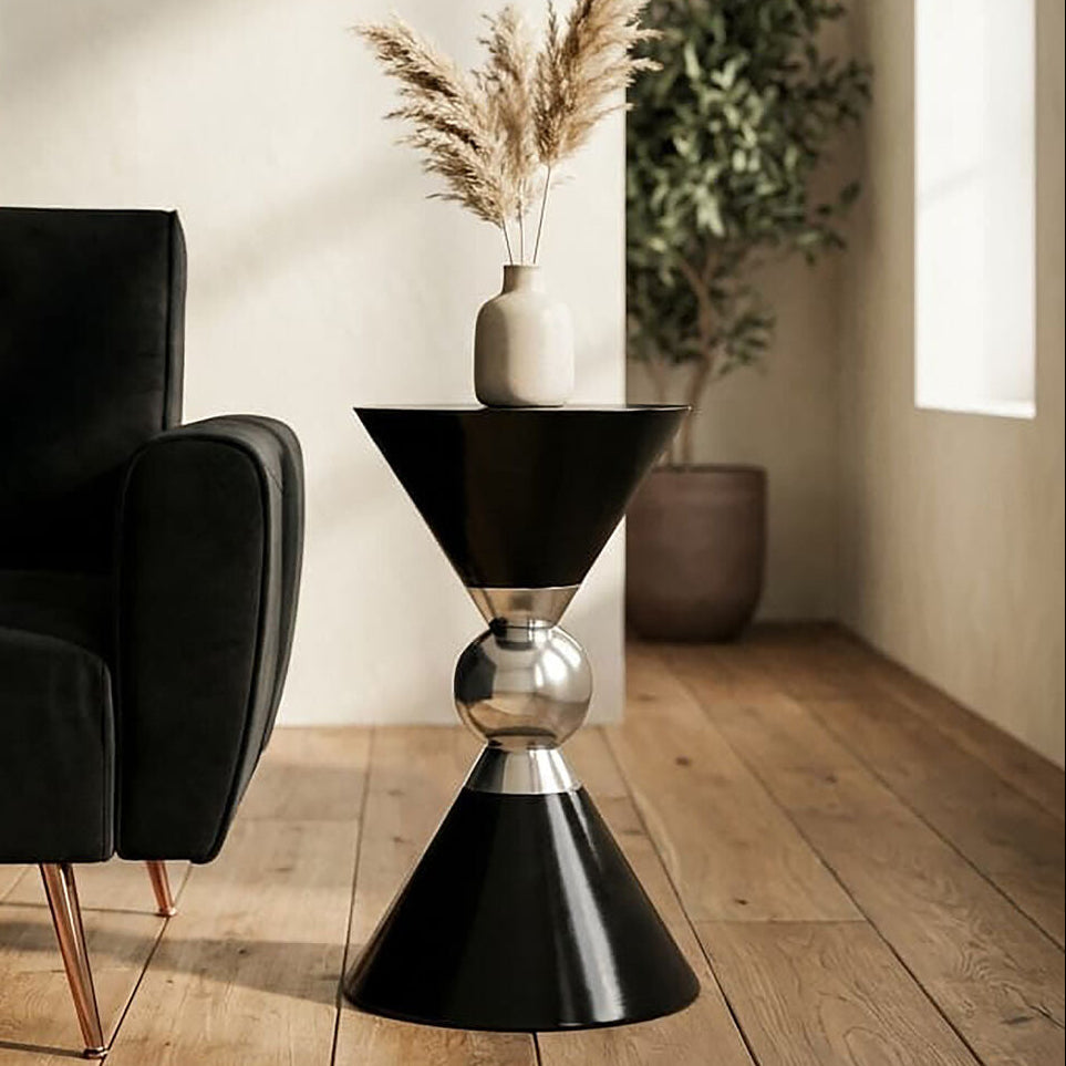 Black and Silver Geometric Round Side Table with Symmetric Design | Jaipur