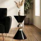 Black and Silver Geometric Round Side Table with Symmetric Design | Jaipur