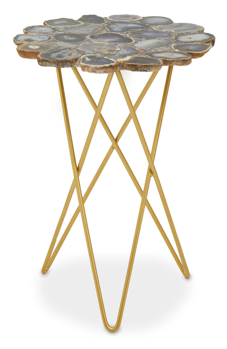 Agate Top Side Table with Gold Finish Trim and Hairpin Metal Legs | Jaipur