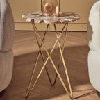 Agate Top Side Table with Gold Finish Trim and Hairpin Metal Legs | Jaipur