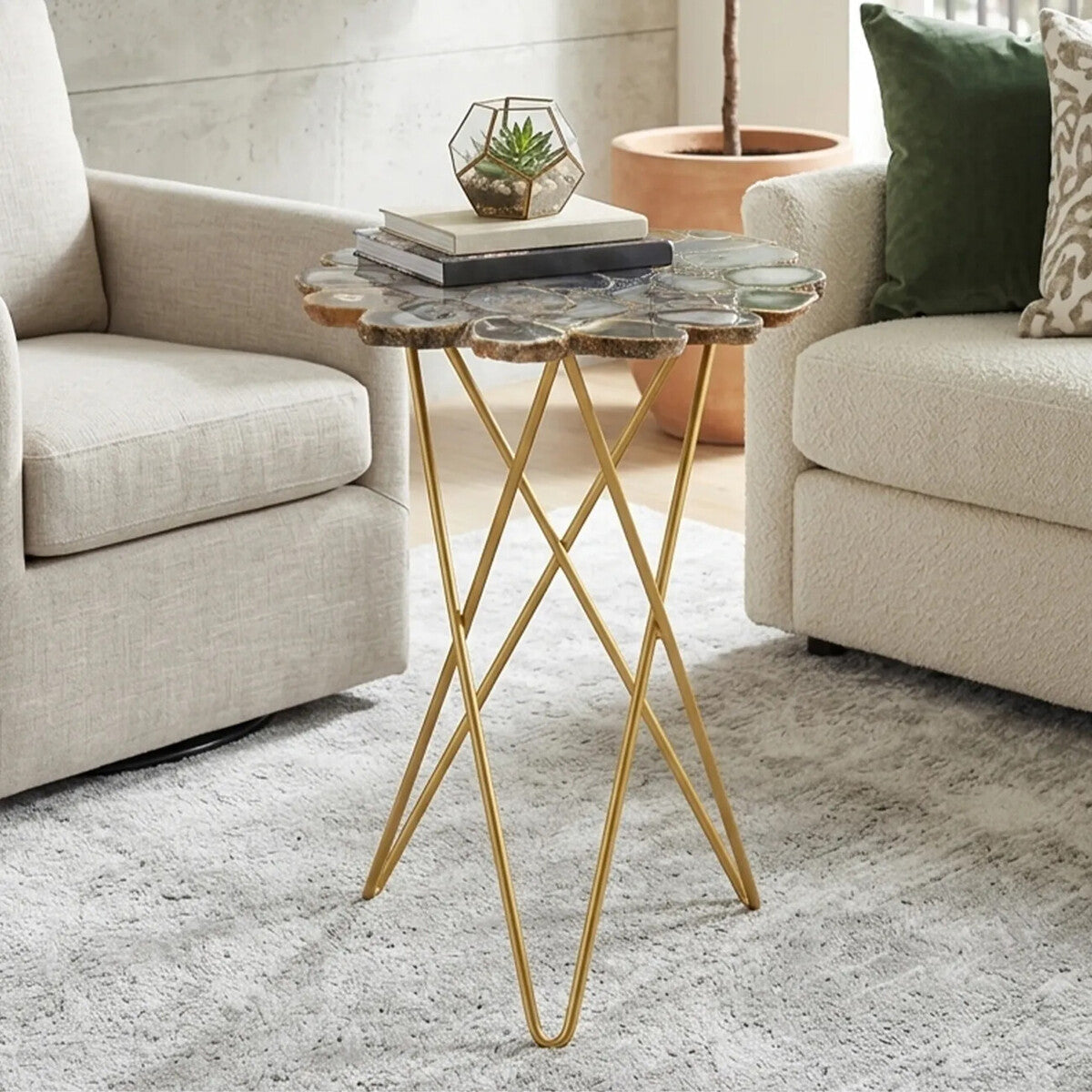 Agate Top Side Table with Gold Finish Trim and Hairpin Metal Legs | Jaipur