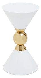 White Conical Metal Side Table in Stainless Steel with Gold Centre Ring Detail | Jaipur