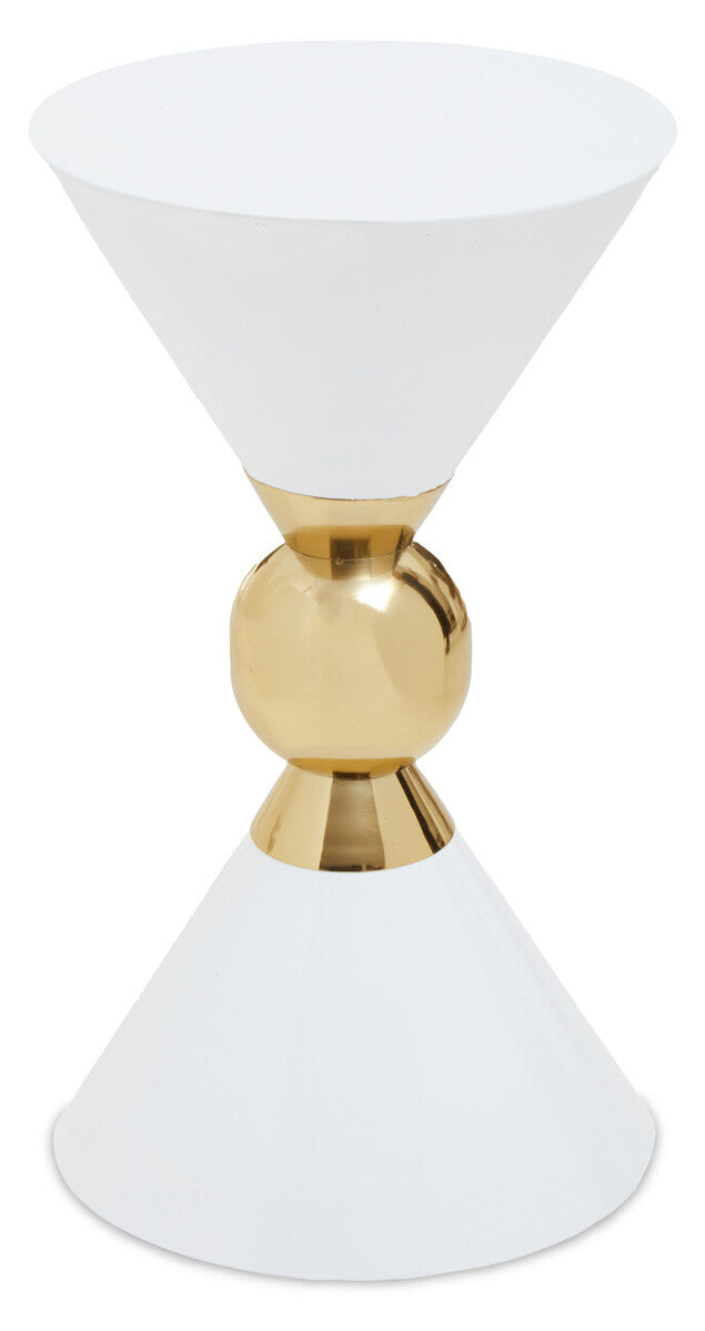 White Conical Metal Side Table in Stainless Steel with Gold Centre Ring Detail | Jaipur