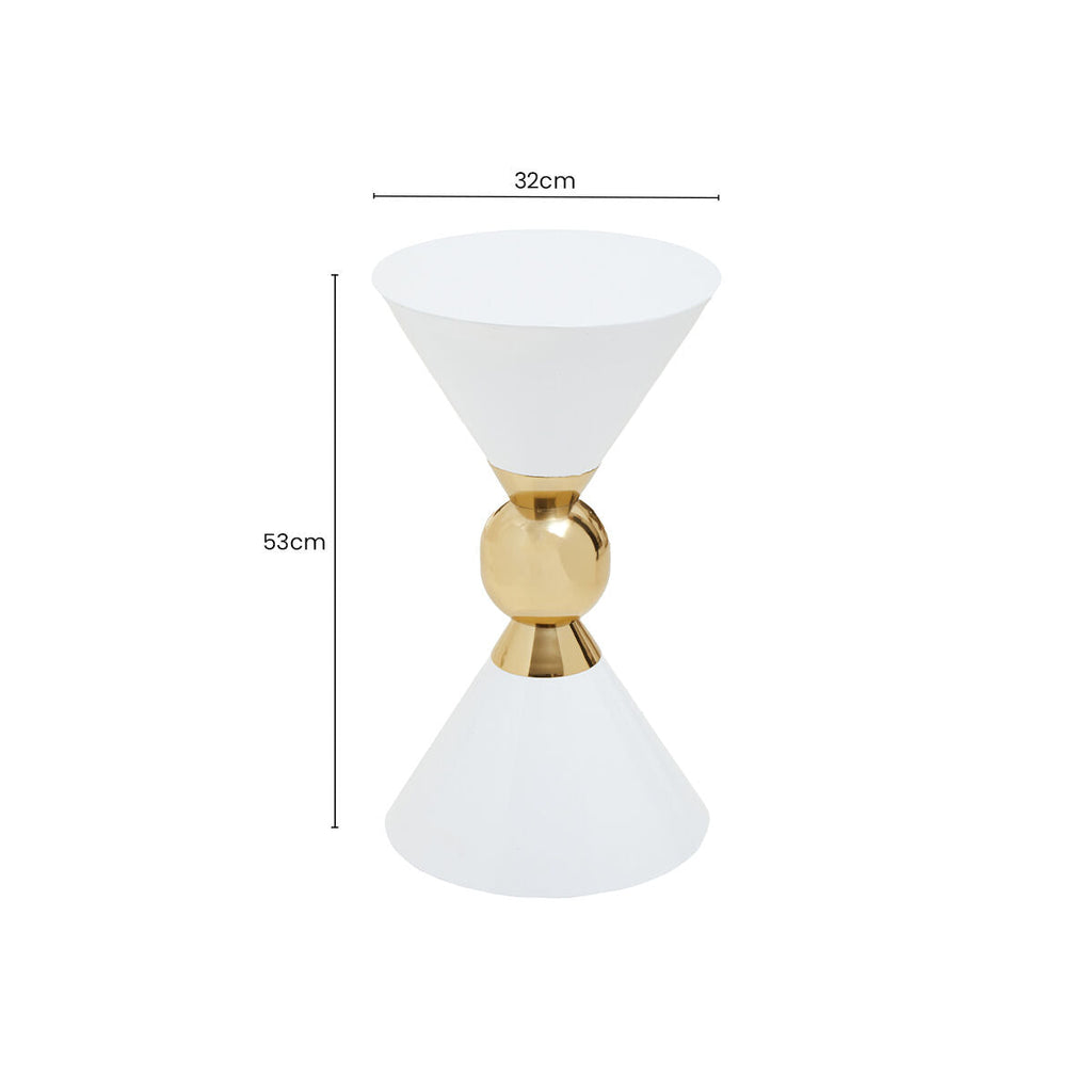 White Conical Metal Side Table in Stainless Steel with Gold Centre Ring Detail | Jaipur