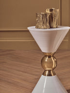 White Conical Metal Side Table in Stainless Steel with Gold Centre Ring Detail | Jaipur