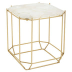 White Octagonal Stone Quartz Top Side Table with Warm Metallic Angular Base | Jaipur