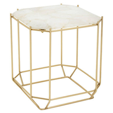 White Octagonal Stone Quartz Top Side Table with Warm Metallic Angular Base | Jaipur