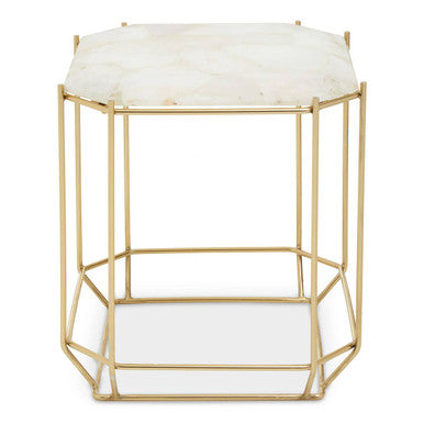 White Octagonal Stone Quartz Top Side Table with Warm Metallic Angular Base | Jaipur