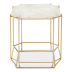 White Octagonal Stone Quartz Top Side Table with Warm Metallic Angular Base | Jaipur