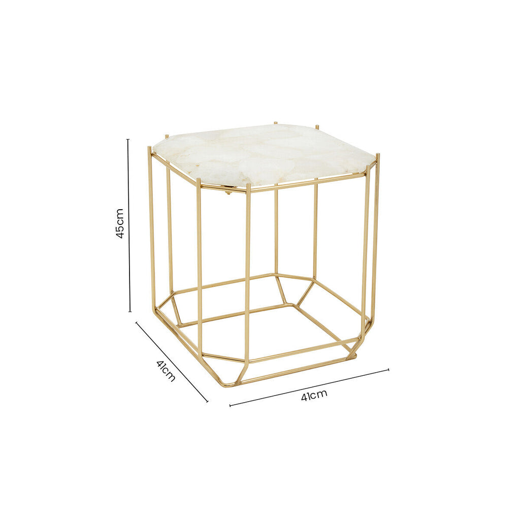 White Octagonal Stone Quartz Top Side Table with Warm Metallic Angular Base | Jaipur
