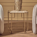 White Octagonal Stone Quartz Top Side Table with Warm Metallic Angular Base | Jaipur