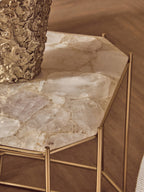 White Octagonal Stone Quartz Top Side Table with Warm Metallic Angular Base | Jaipur