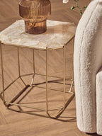White Octagonal Stone Quartz Top Side Table with Warm Metallic Angular Base | Jaipur