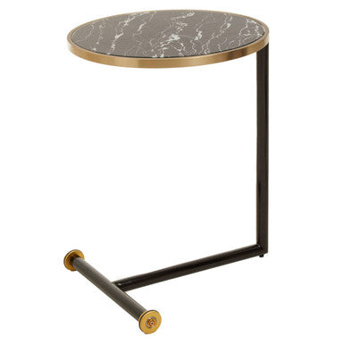 Black Marble Effect Glass Top Side Table with Gold Rim and Gold Feet | Oria