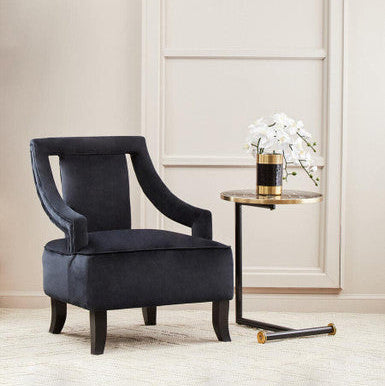 Black Marble Effect Glass Top Side Table with Gold Rim and Gold Feet | Oria
