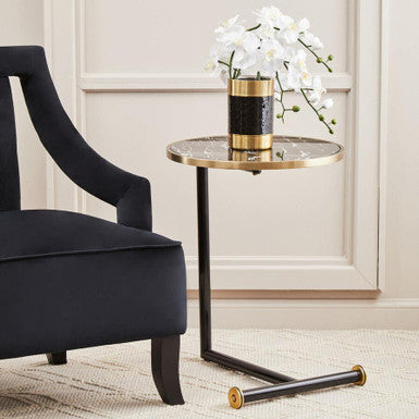 Black Marble Effect Glass Top Side Table with Gold Rim and Gold Feet | Oria