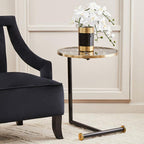 Black Marble Effect Glass Top Side Table with Gold Rim and Gold Feet | Oria