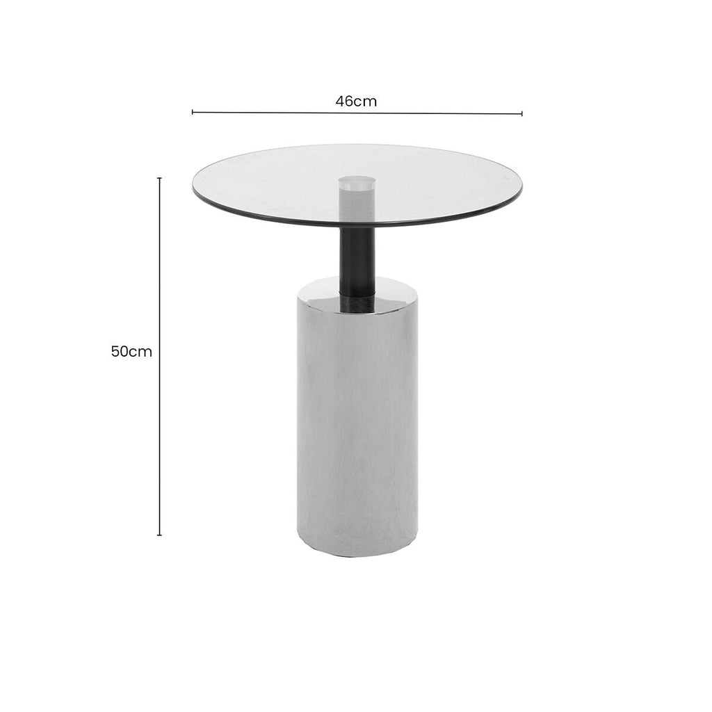 Clear Glass Top Side Table with Silver Steel Base and Black Column | Oria