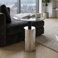 Clear Glass Top Side Table with Silver Steel Base and Black Column | Oria