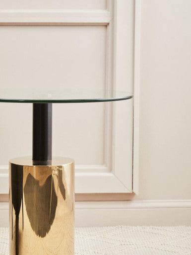 Clear Glass Top Side Table with Gold Steel Base and Black Centre Support | Oria