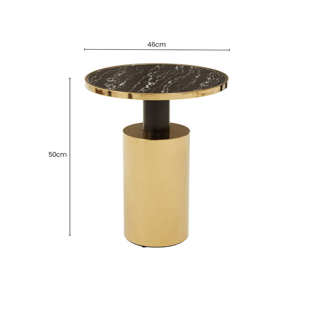 Black Marble Effect Glass Top Side Table with Gold Finished Base | Oria