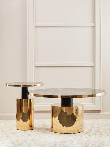 Black Marble Effect Glass Top Side Table with Gold Finished Base | Oria