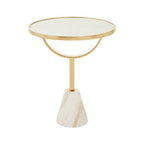 White Glass Top Side Table with Gold Metal Column and White Marble Base | Oria