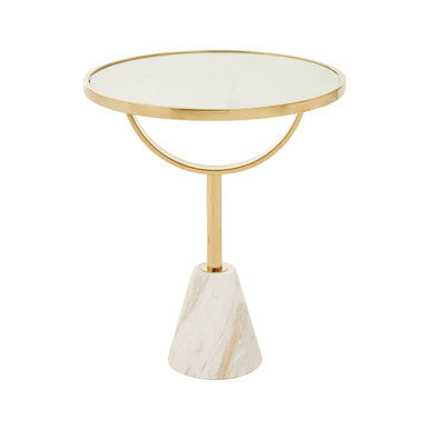 White Glass Top Side Table with Gold Metal Column and White Marble Base | Oria