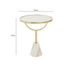 White Glass Top Side Table with Gold Metal Column and White Marble Base | Oria