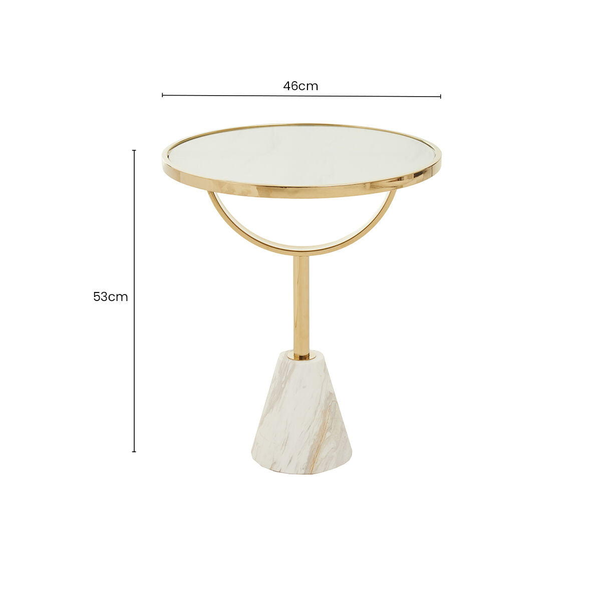 White Glass Top Side Table with Gold Metal Column and White Marble Base | Oria