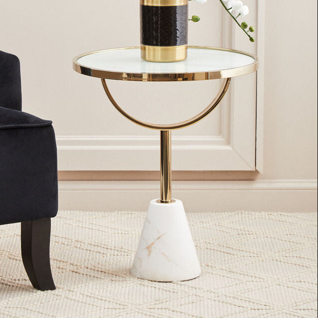 White Glass Top Side Table with Gold Metal Column and White Marble Base | Oria