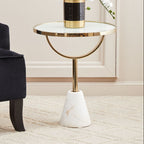 White Glass Top Side Table with Gold Metal Column and White Marble Base | Oria