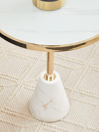 White Glass Top Side Table with Gold Metal Column and White Marble Base | Oria