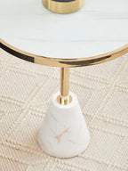 White Glass Top Side Table with Gold Metal Column and White Marble Base | Oria