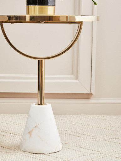 White Glass Top Side Table with Gold Metal Column and White Marble Base | Oria