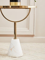 White Glass Top Side Table with Gold Metal Column and White Marble Base | Oria
