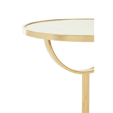 White Glass Top Side Table with Gold Metal Column and White Marble Base | Oria