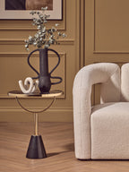 Black Glass Top Side Table with Gold Metal Column and Black Marble Base | Oria
