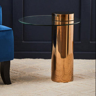 Clear Round Glass Side Table with Tall Rose Gold Standing Base | Oria