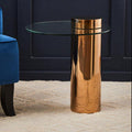 Clear Round Glass Side Table with Tall Rose Gold Standing Base | Oria