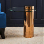 Clear Round Glass Side Table with Tall Rose Gold Standing Base | Oria