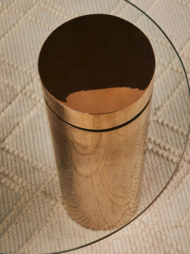 Clear Round Glass Side Table with Tall Rose Gold Standing Base | Oria