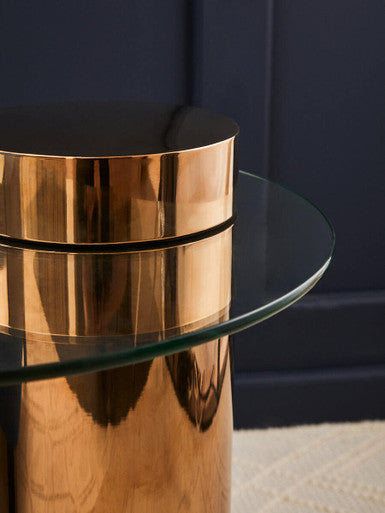 Clear Round Glass Side Table with Tall Rose Gold Standing Base | Oria