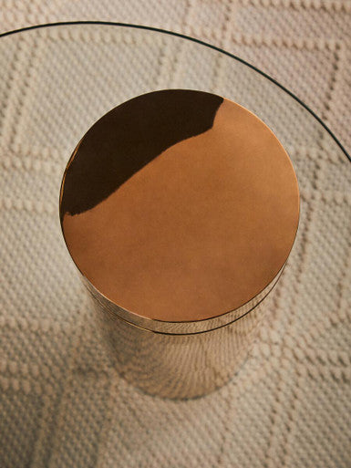 Clear Round Glass Side Table with Tall Rose Gold Standing Base | Oria