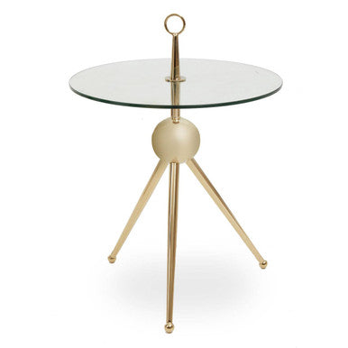 Clear Glass Top Side Table with Gold Tripod Metal Frame and Globe Detail | Oria