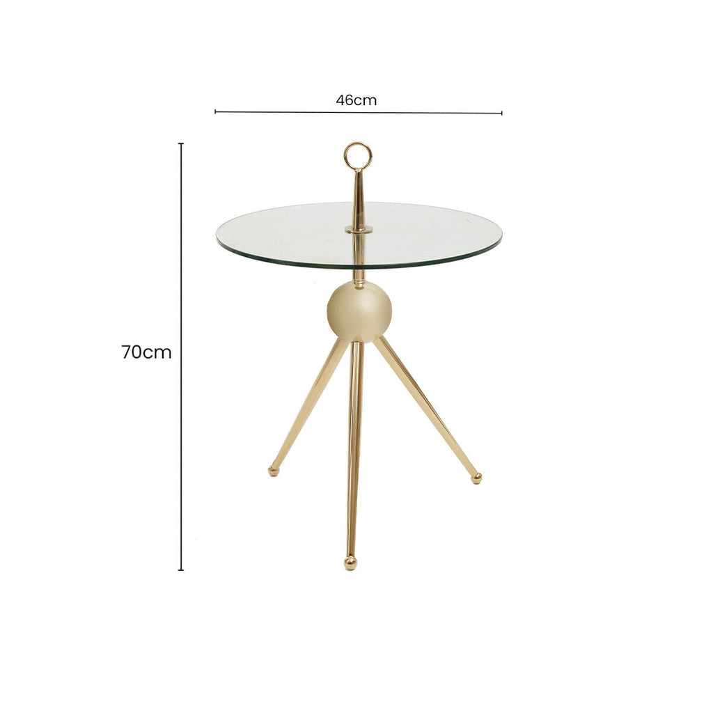 Clear Glass Top Side Table with Gold Tripod Metal Frame and Globe Detail | Oria