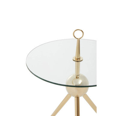 Clear Glass Top Side Table with Gold Tripod Metal Frame and Globe Detail | Oria