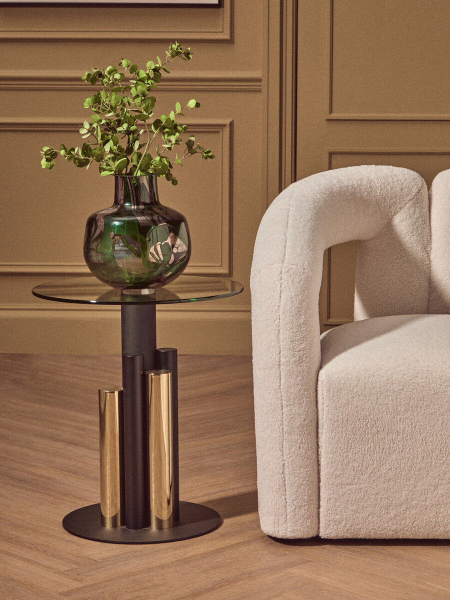 Clear Glass Top Side Table with Black and Gold Column Base | Oria